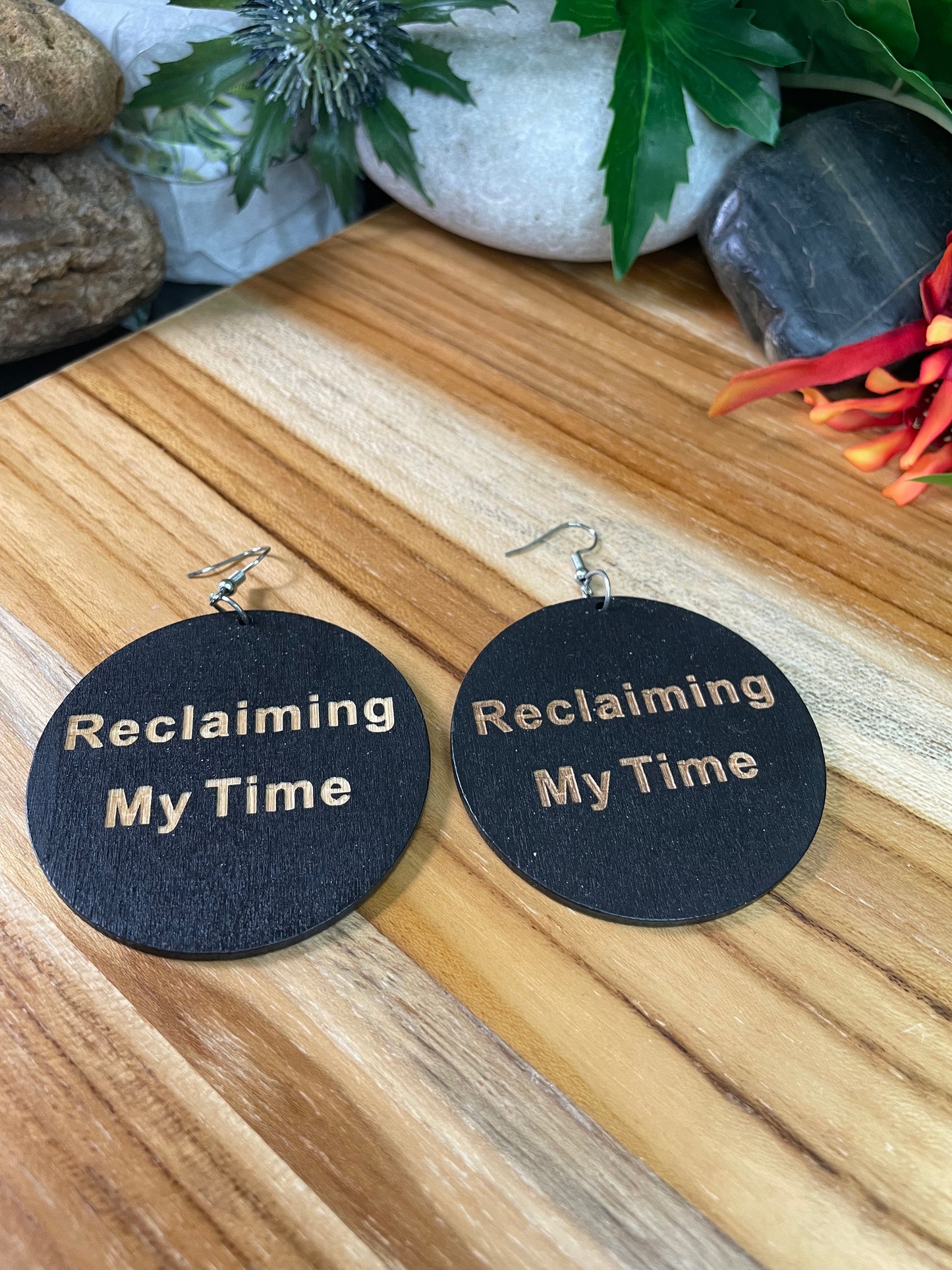 Reclaiming My Time, Wooden Round Earrings.
