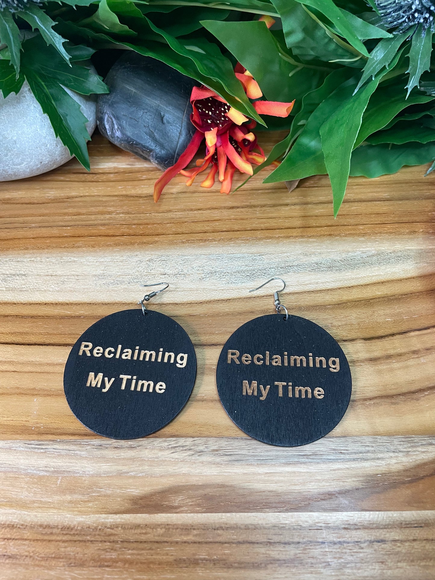 Reclaiming My Time, Wooden Round Earrings.