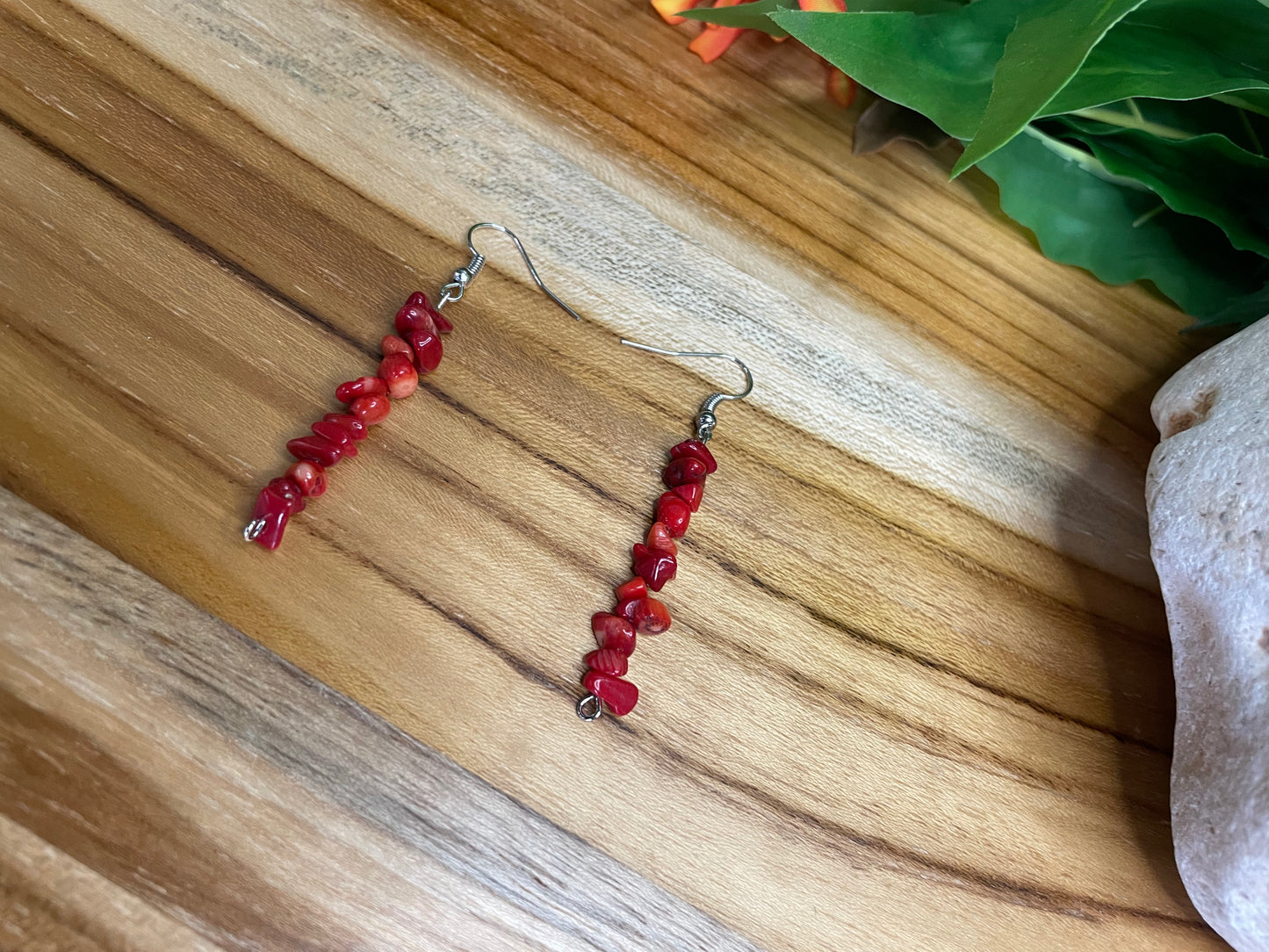 Red Bamboo Coral Chipped Earrings.