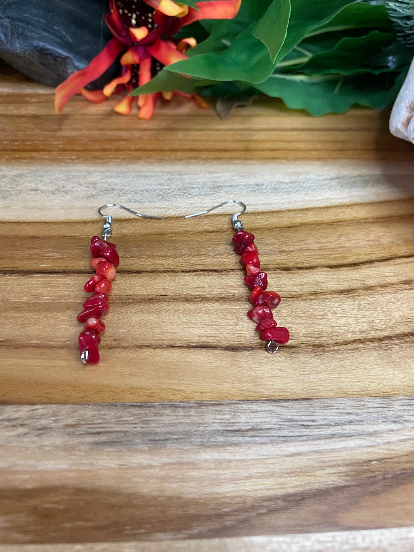 Red Bamboo Coral Chipped Earrings.