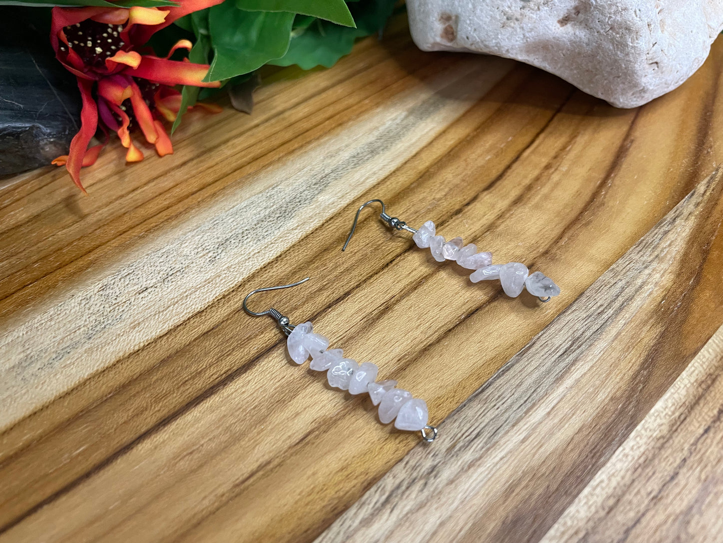 Rose Quartz Chipped Stone Earrings.