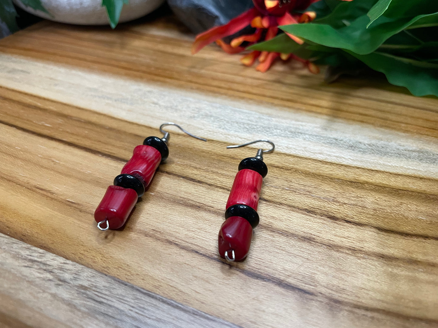Red Bamboo Coral Earrings.