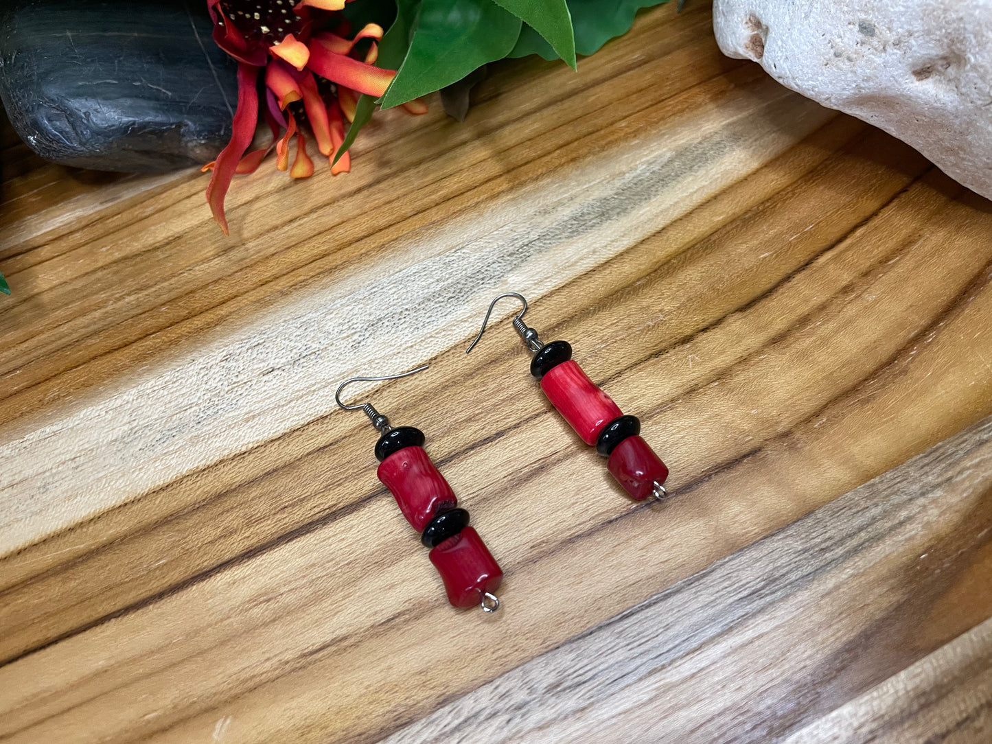 Red Bamboo Coral Earrings.