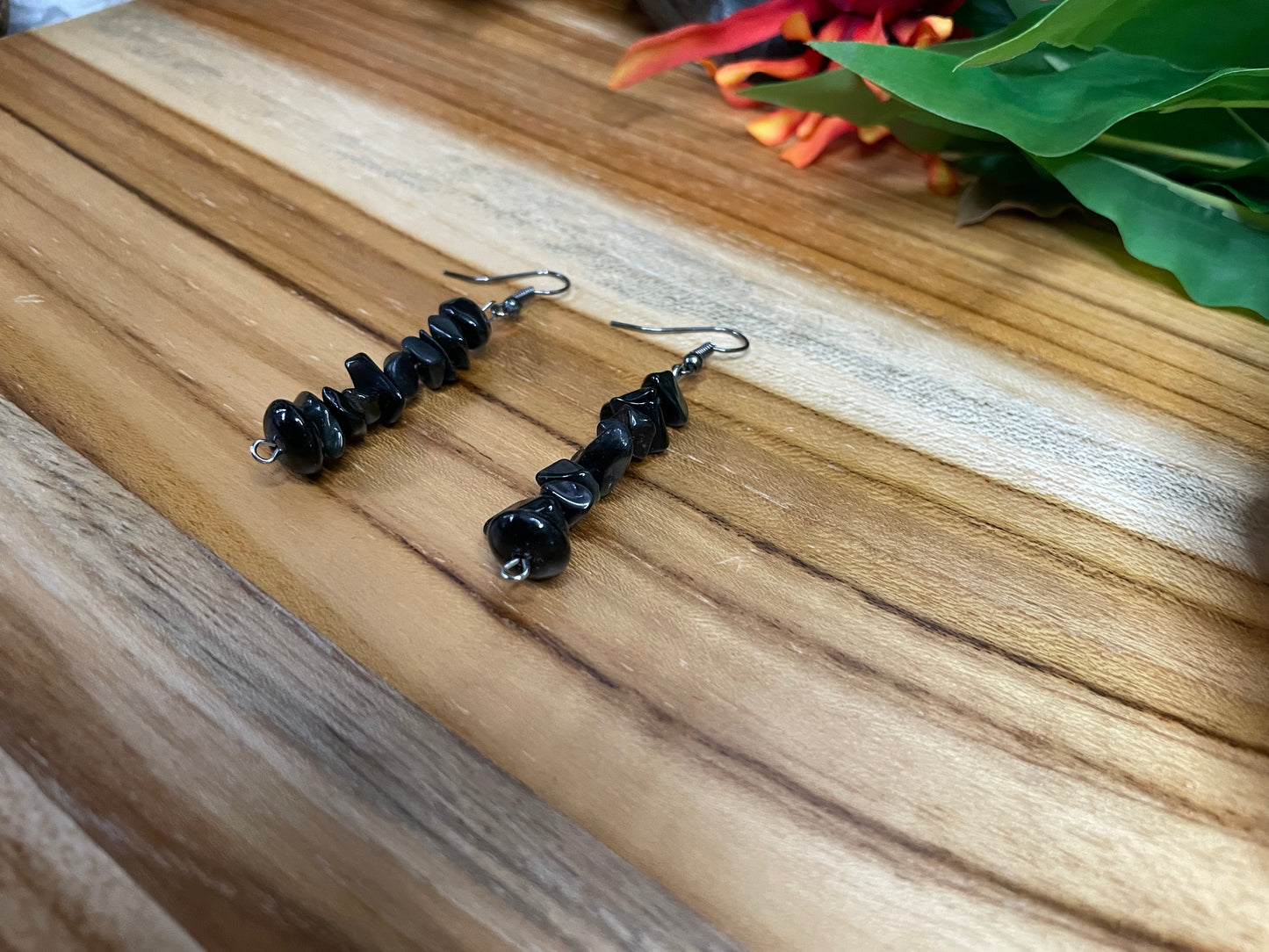 Black Obsidian Chipped Stone Earrings.