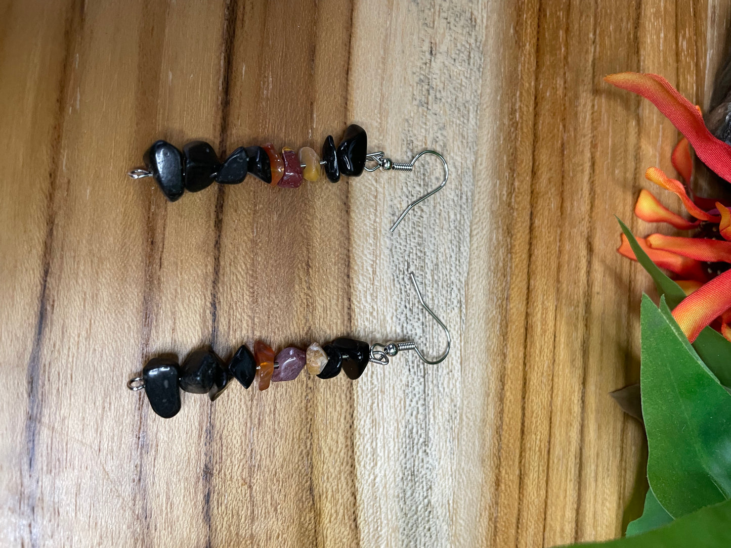 Black Obsidian w/ Multi Chipped Stone Earrings.