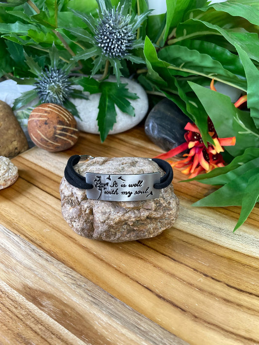 It Is Well With My Soul, Black Suede Metal Quoted Inspirational Bracelet.