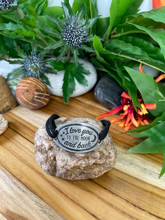 I Love You To The Moon And Back, Black Suede Corded Metal Inspirational Quote Bracelet.