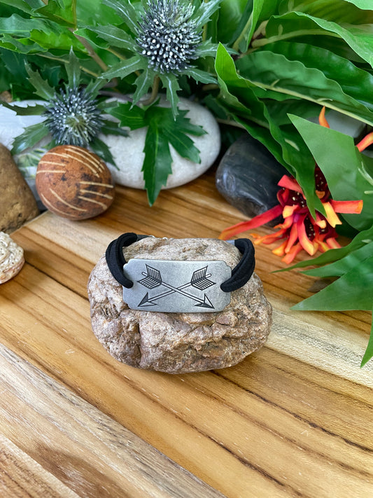 Arrow/Spearhead, Blk Suede Metal Inspirational Quoted Bracelet.