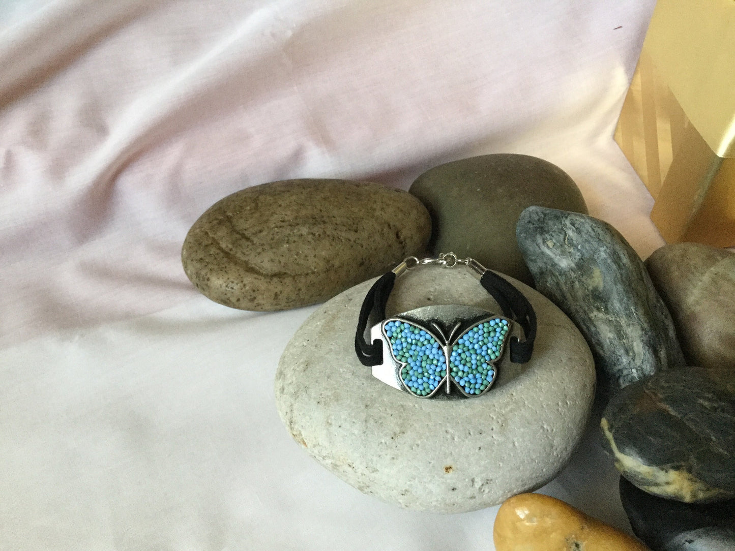 Butterfly , Black Suede Metal Inspirational Quoted Bracelet