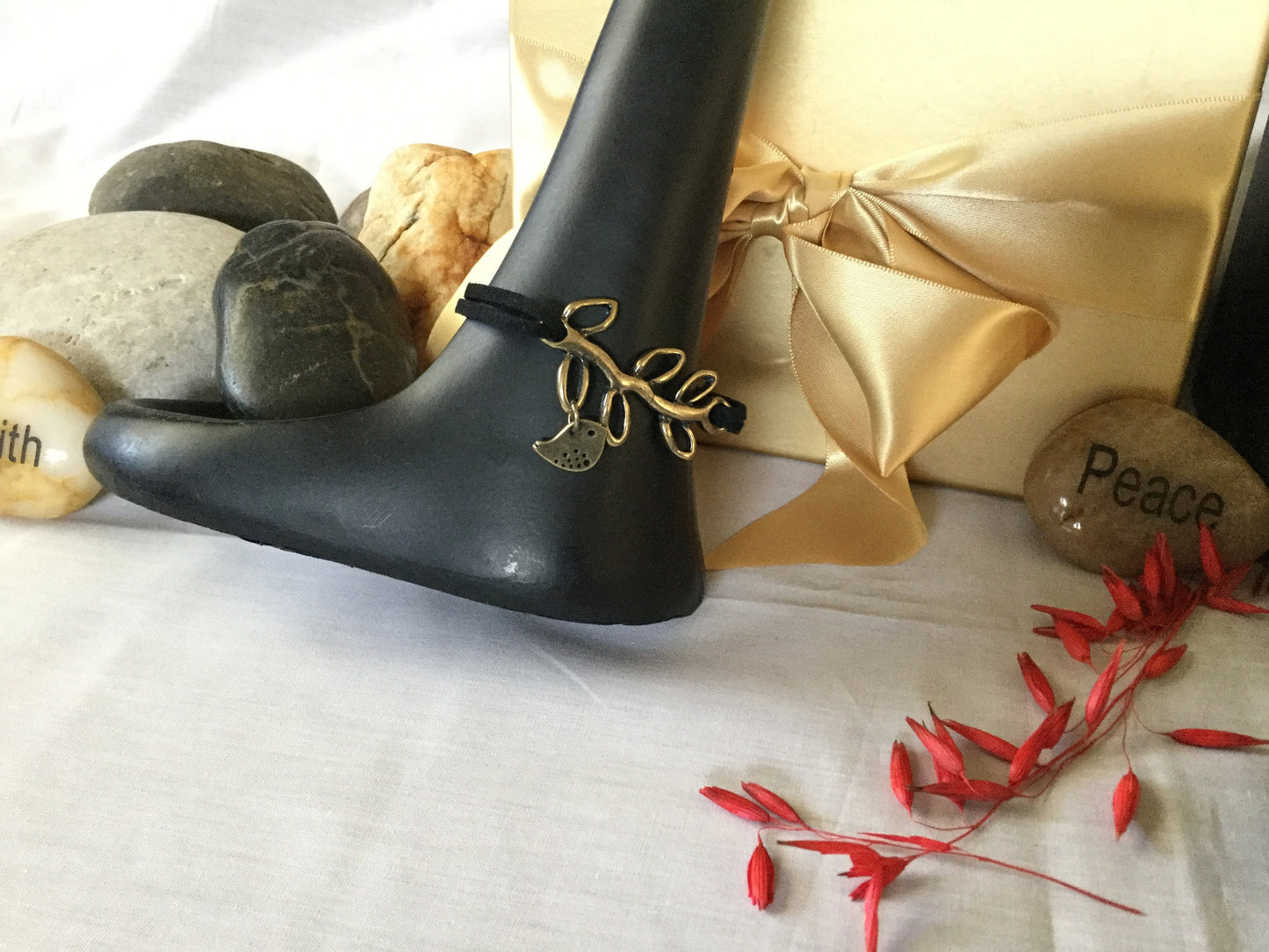 Branch w/ Singing Bird, Black Suede Metal Inspirational Bracelet.