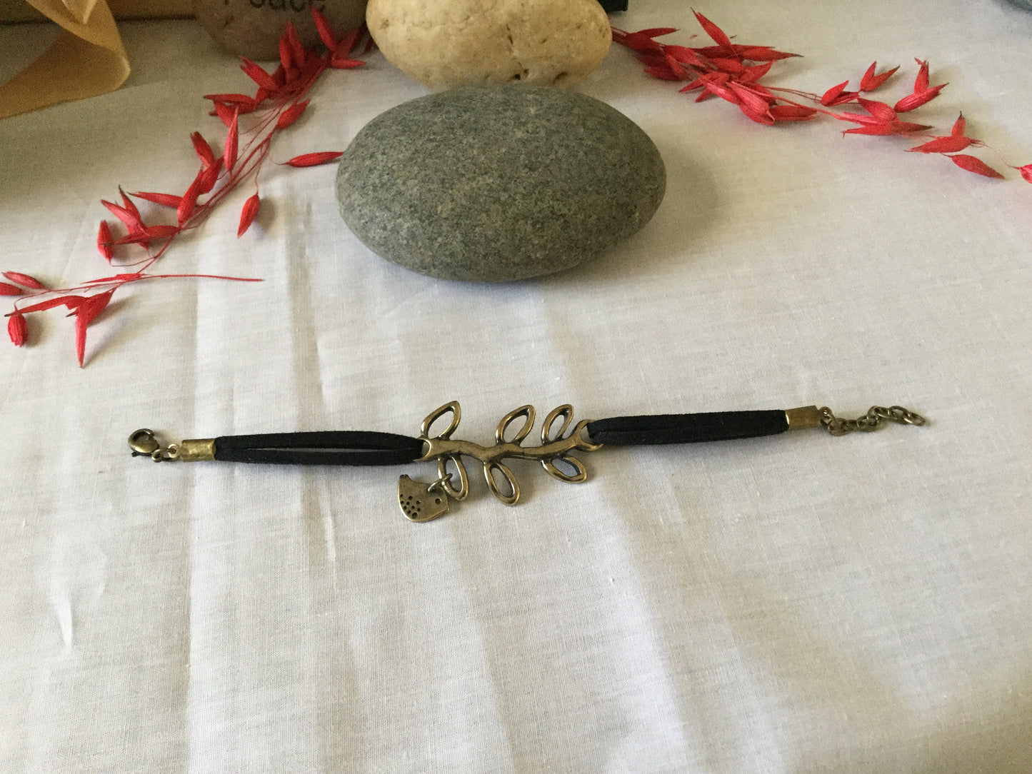 Branch w/ Singing Bird, Black Suede Metal Inspirational Bracelet.