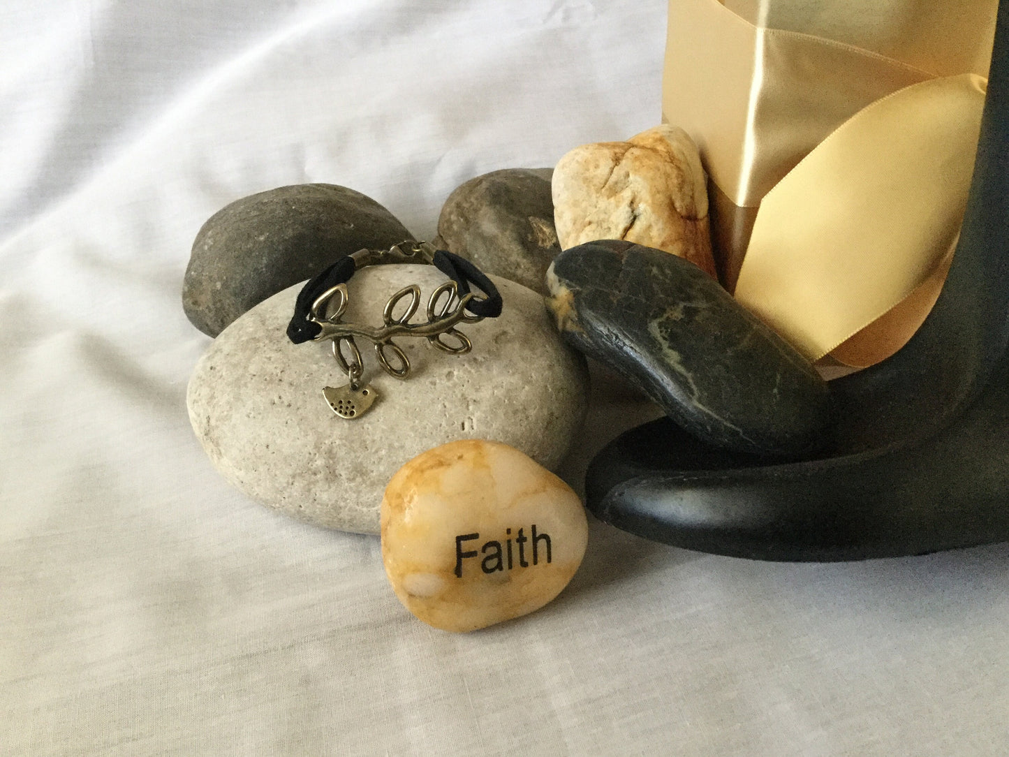 Branch w/ Singing Bird, Black Suede Metal Inspirational Bracelet.