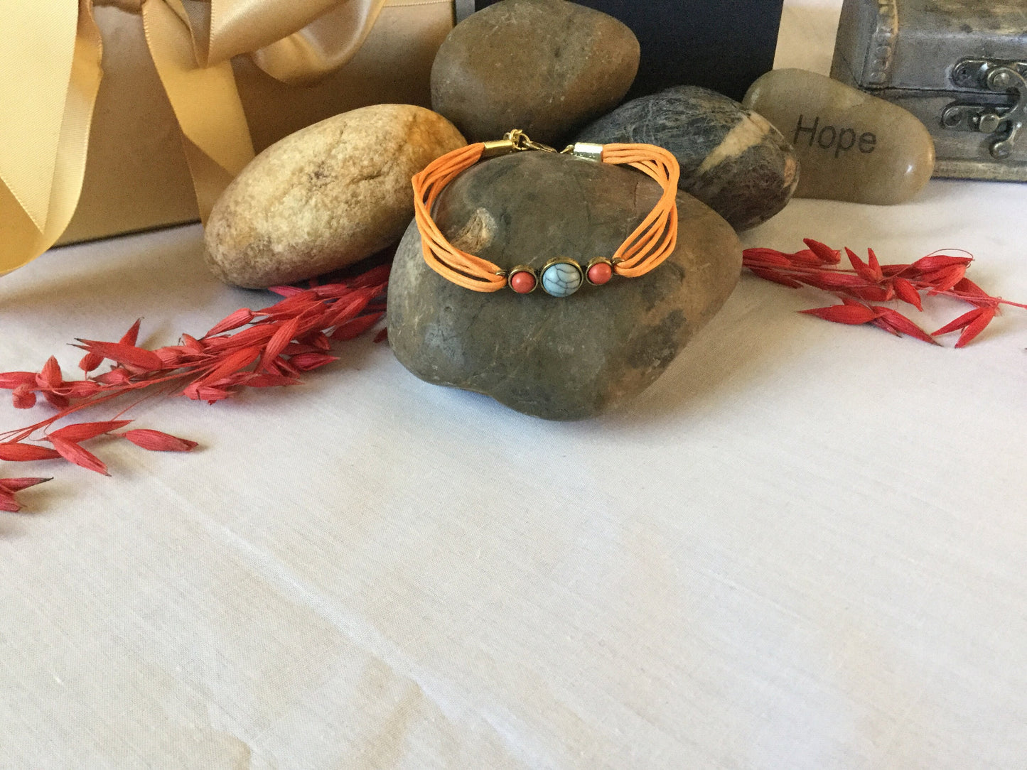Triple Cabochon, Orange Hemp, Metal Inspirational Quoted Bracelet.