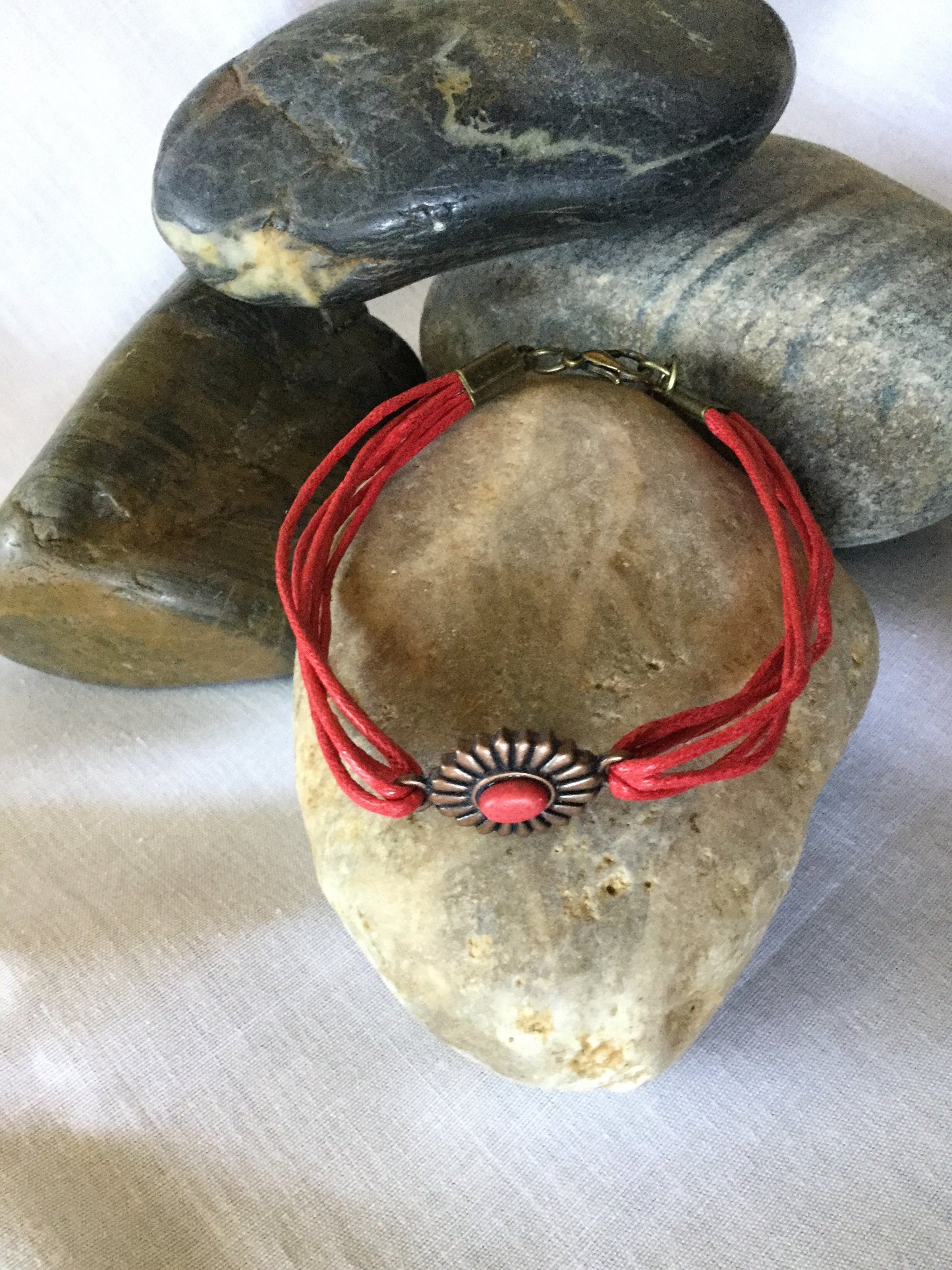 Single Cabochon Red Stone, Red Hemp Inspirational Quoted Bracelet.