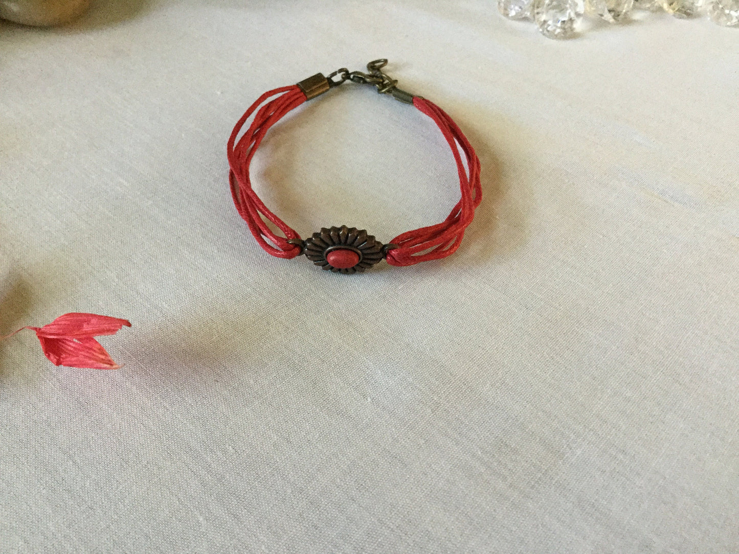 Single Cabochon Red Stone, Red Hemp Inspirational Quoted Bracelet.