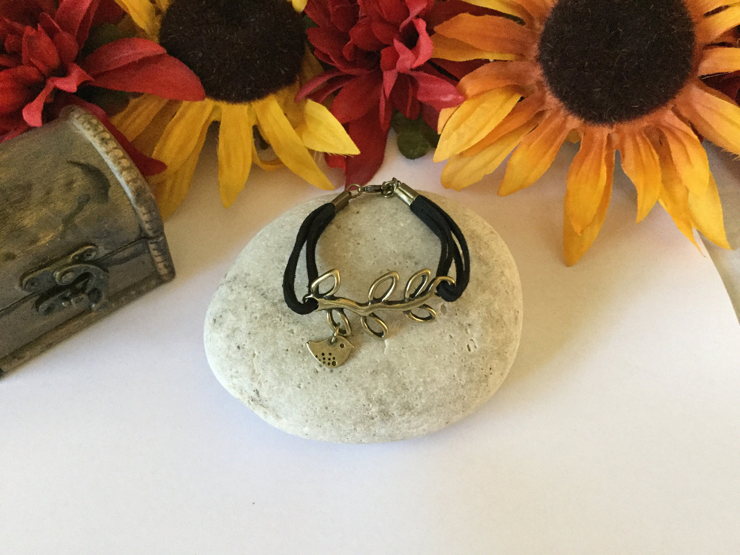 Branch w/ Singing Bird, Black Suede Metal Inspirational Bracelet.