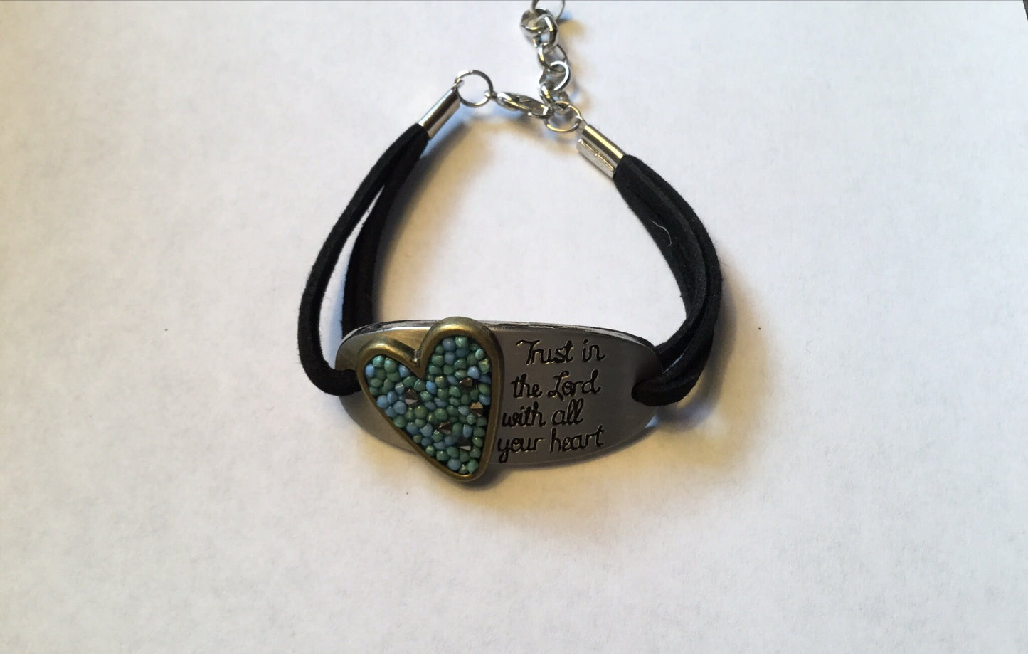 Trust In The Lord w/All Your Heart, Black Suede Metal Inspirational Quote Bracelet.