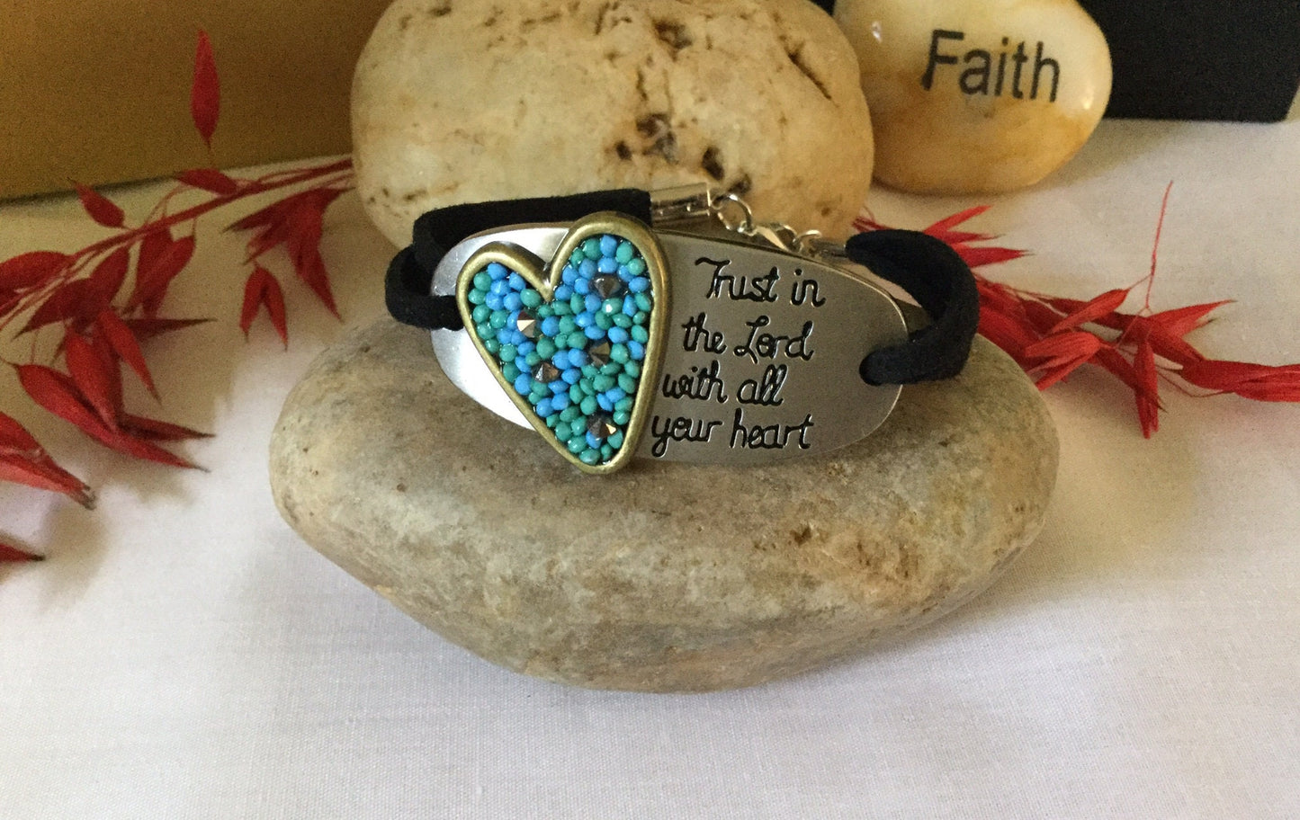 Trust In The Lord w/All Your Heart, Black Suede Metal Inspirational Quote Bracelet.
