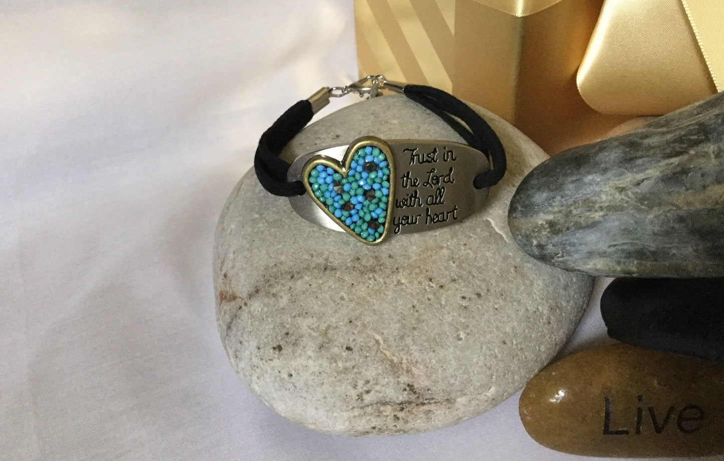Trust In The Lord w/All Your Heart, Black Suede Metal Inspirational Quote Bracelet.