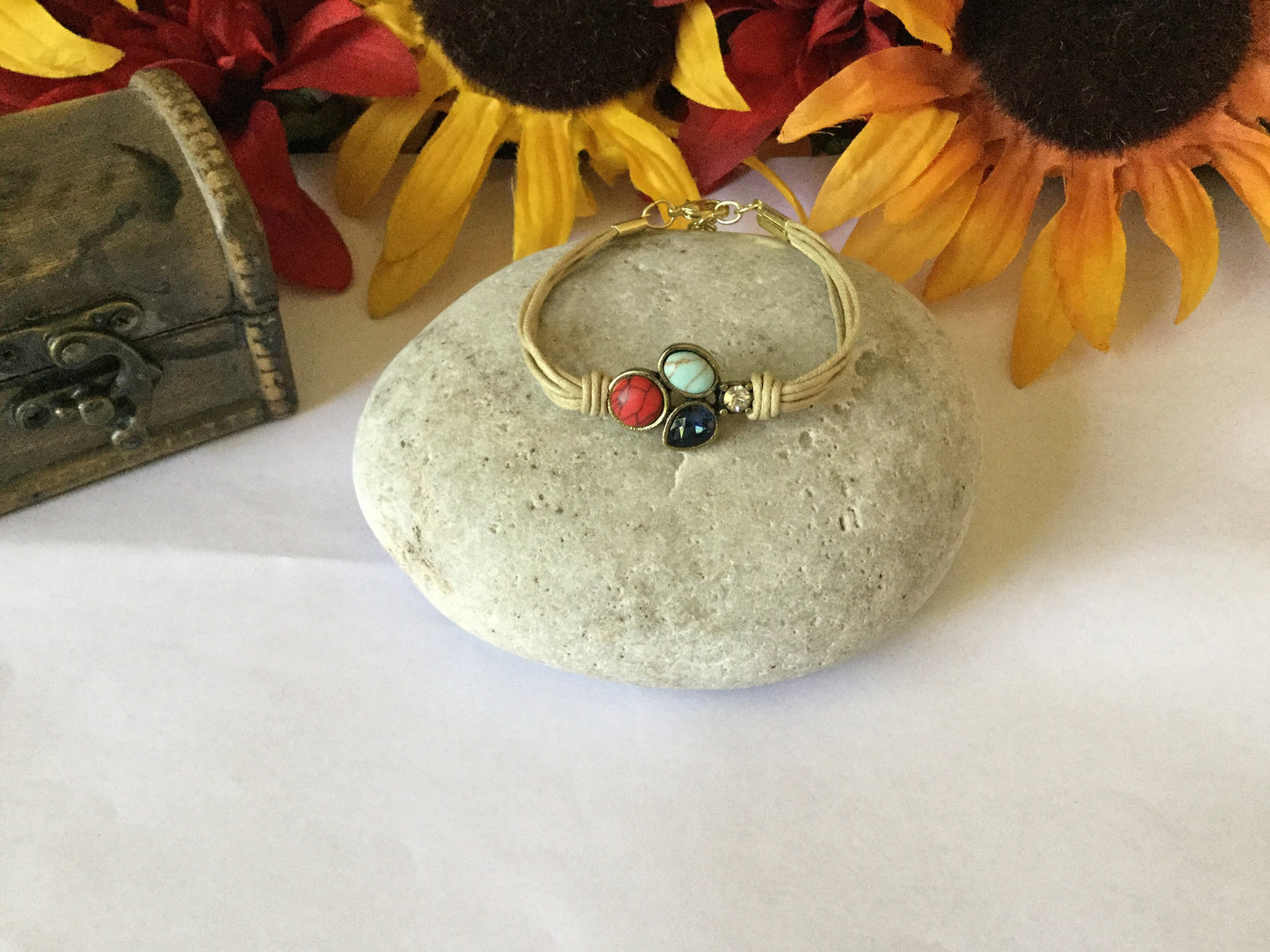 Triple Cabochon w/Stone, Beige Hemp, Inspirational Quoted Bracelet.