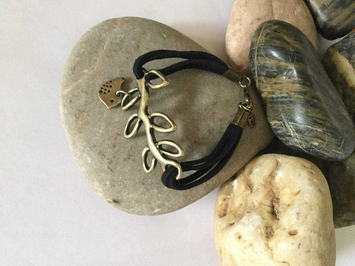 Branch w/ Singing Bird, Black Suede Metal Inspirational Bracelet.