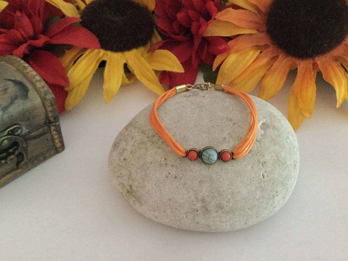 Triple Cabochon, Orange Hemp, Metal Inspirational Quoted Bracelet.