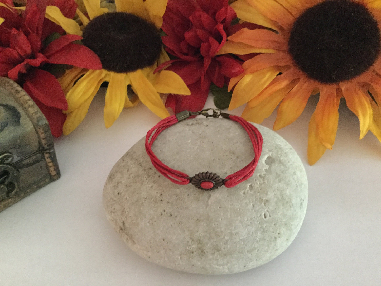 Single Cabochon Red Stone, Red Hemp Inspirational Quoted Bracelet.