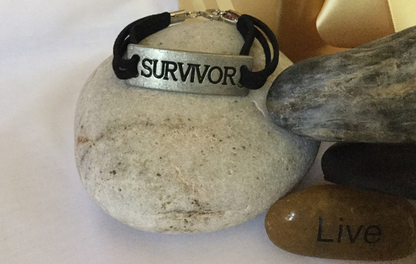 Survivor, Blk Suede Metal Inspirational Quoted Bracelet.