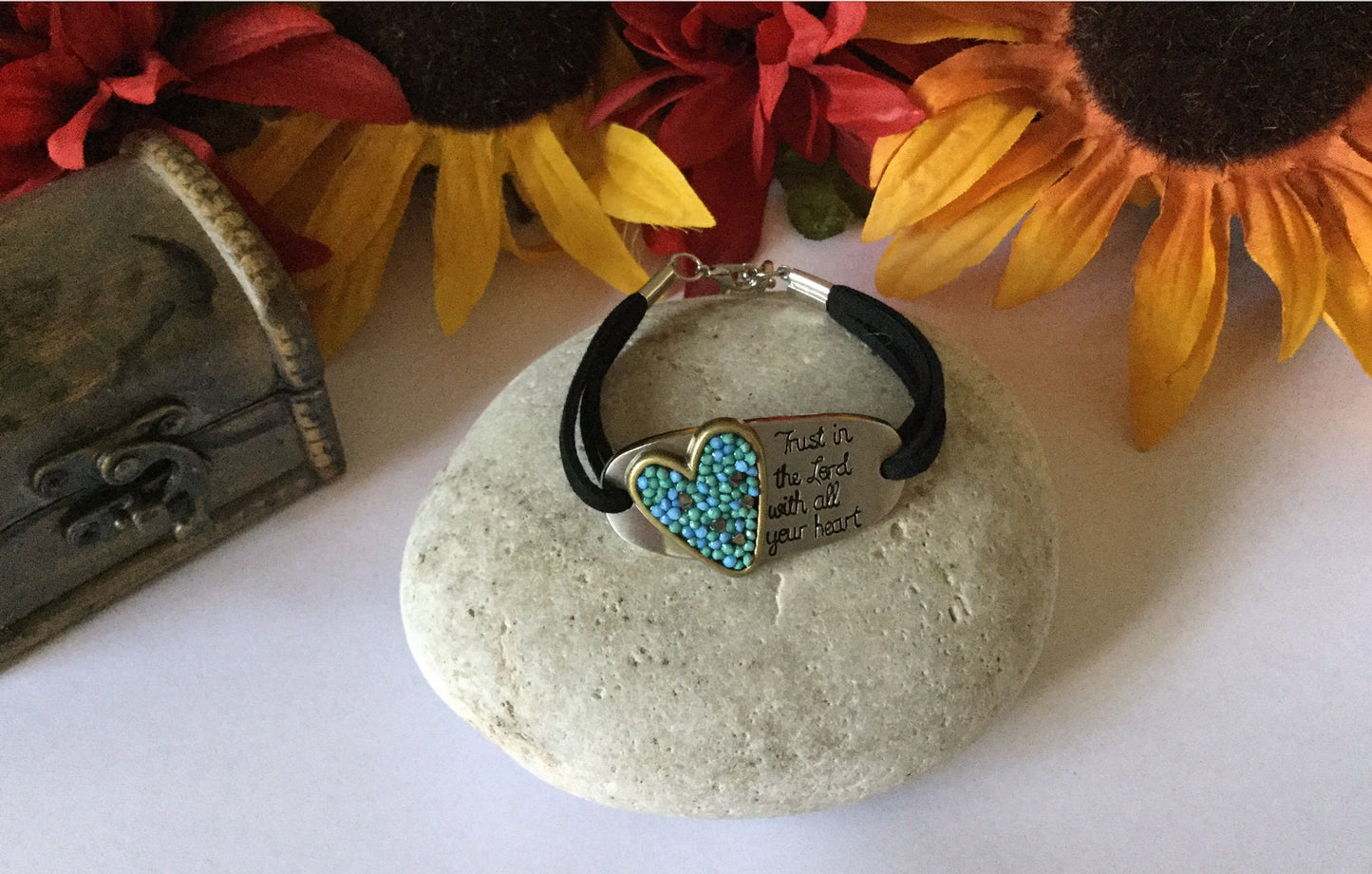 Trust In The Lord w/All Your Heart, Black Suede Metal Inspirational Quote Bracelet.