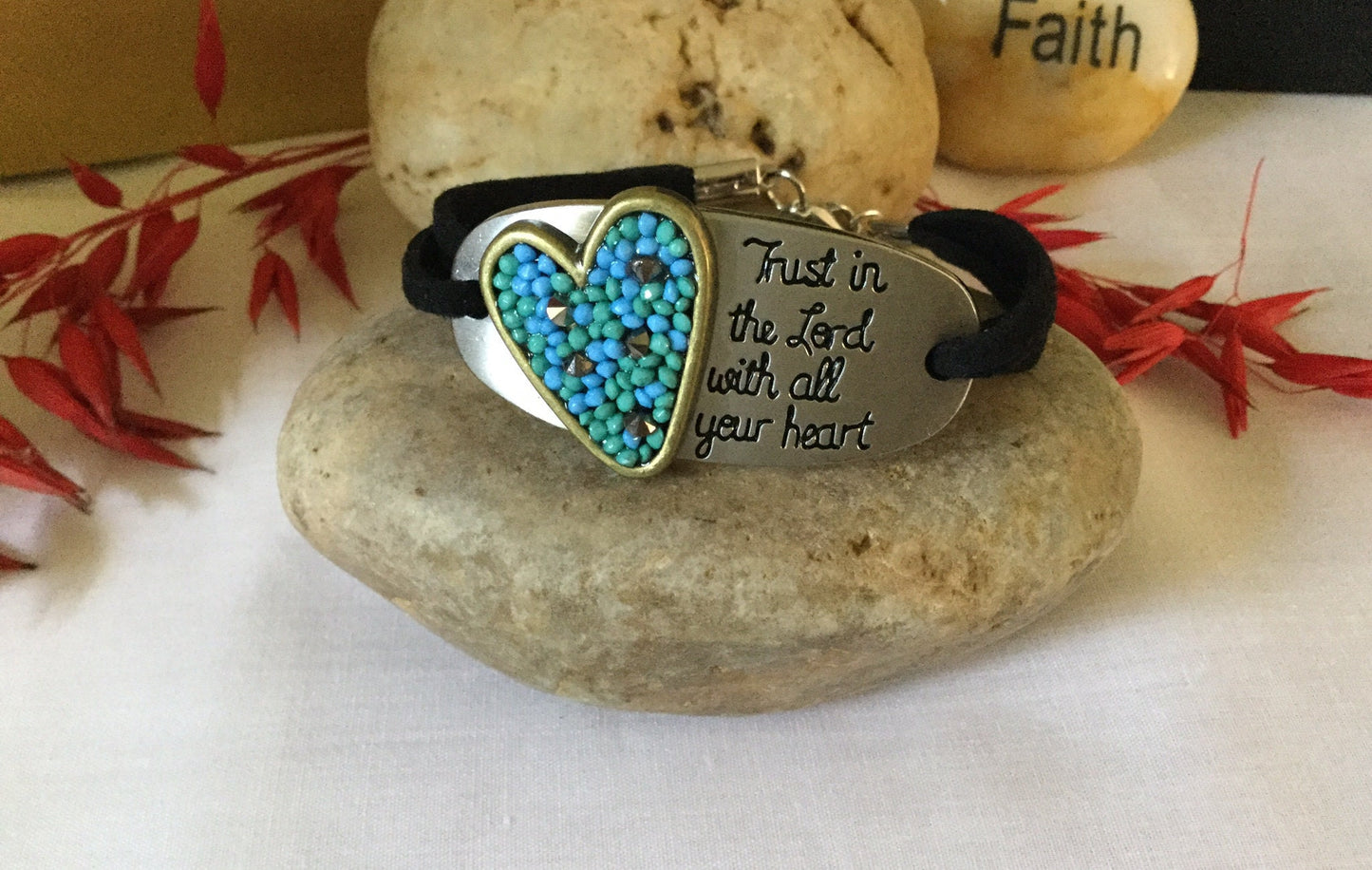 Trust In The Lord w/All Your Heart, Black Suede Metal Inspirational Quote Bracelet.