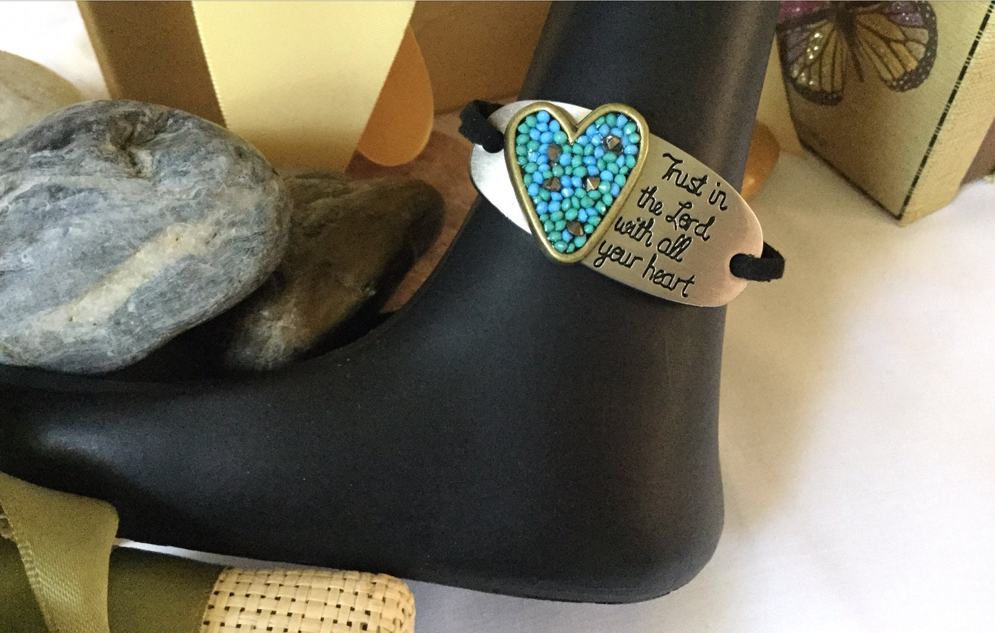 Trust In The Lord w/All Your Heart, Black Suede Metal Inspirational Quote Bracelet.