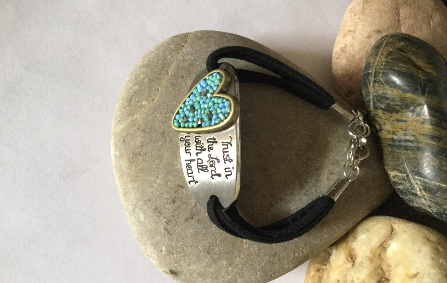 Trust In The Lord w/All Your Heart, Black Suede Metal Inspirational Quote Bracelet.