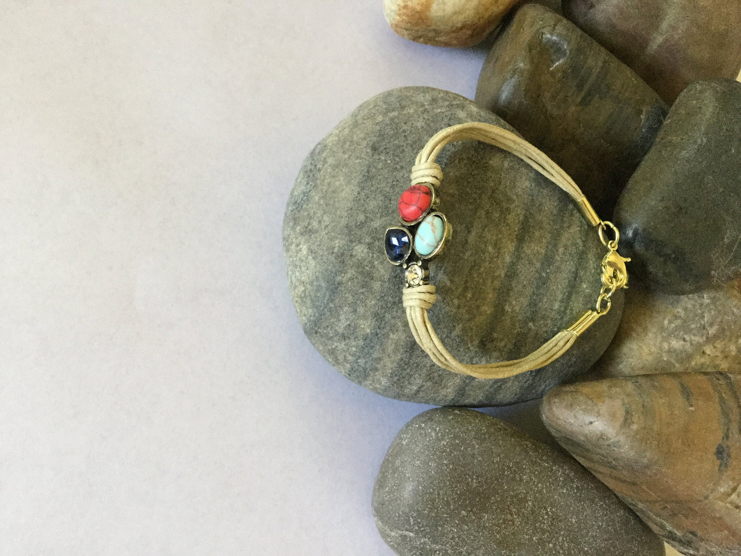 Triple Cabochon w/Stone, Beige Hemp, Inspirational Quoted Bracelet.