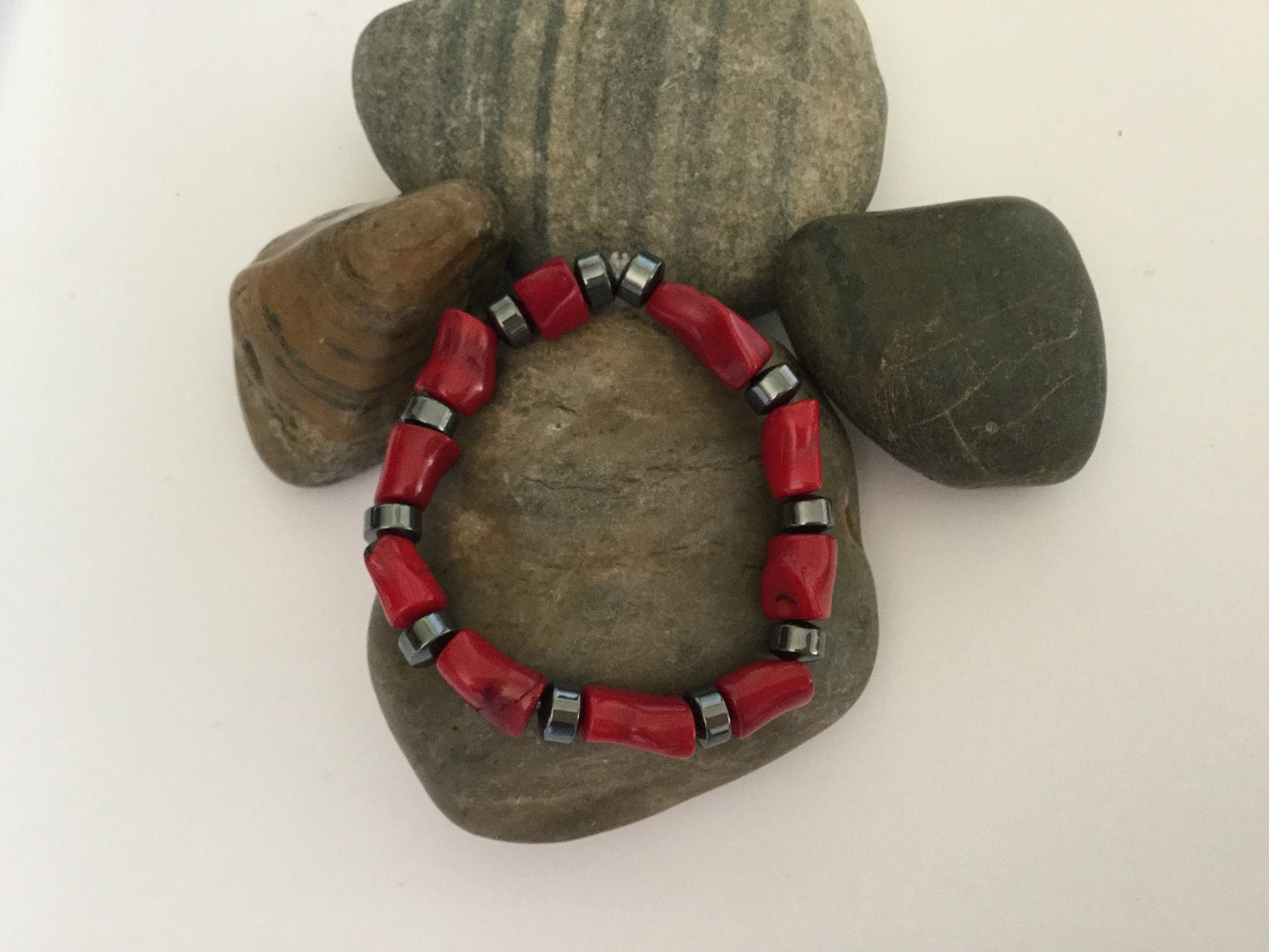Red Bamboo Coral w/Hematite, Healing Bracelet.
