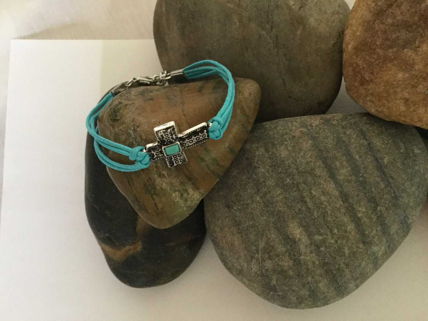 Cross, Turquoise Hemp w/Turq Stone, Silver Metal Inspirational Bracelet.