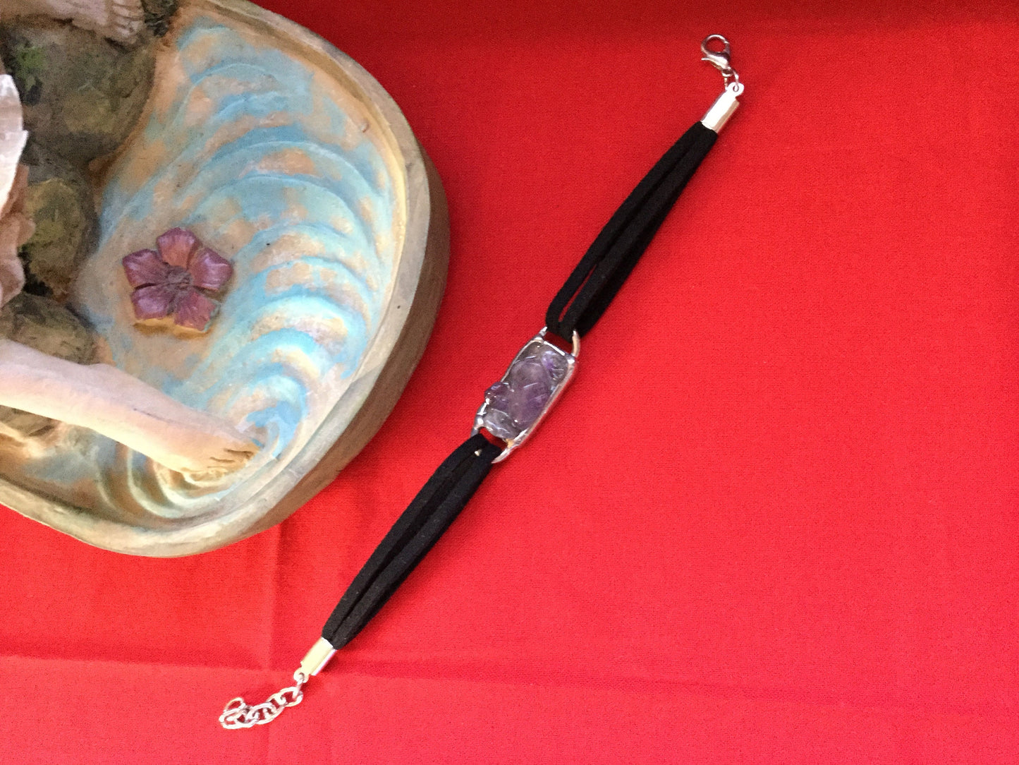 Amethyst , Antique Silver Plated,Black Suede Inspirational Bracelet.
