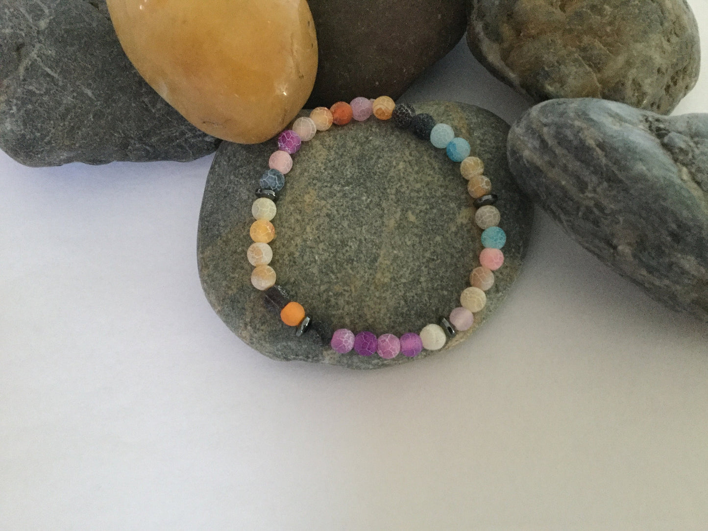 Agate Crackle Multi Colors w/Hematite Stones, Healing Bracelet.