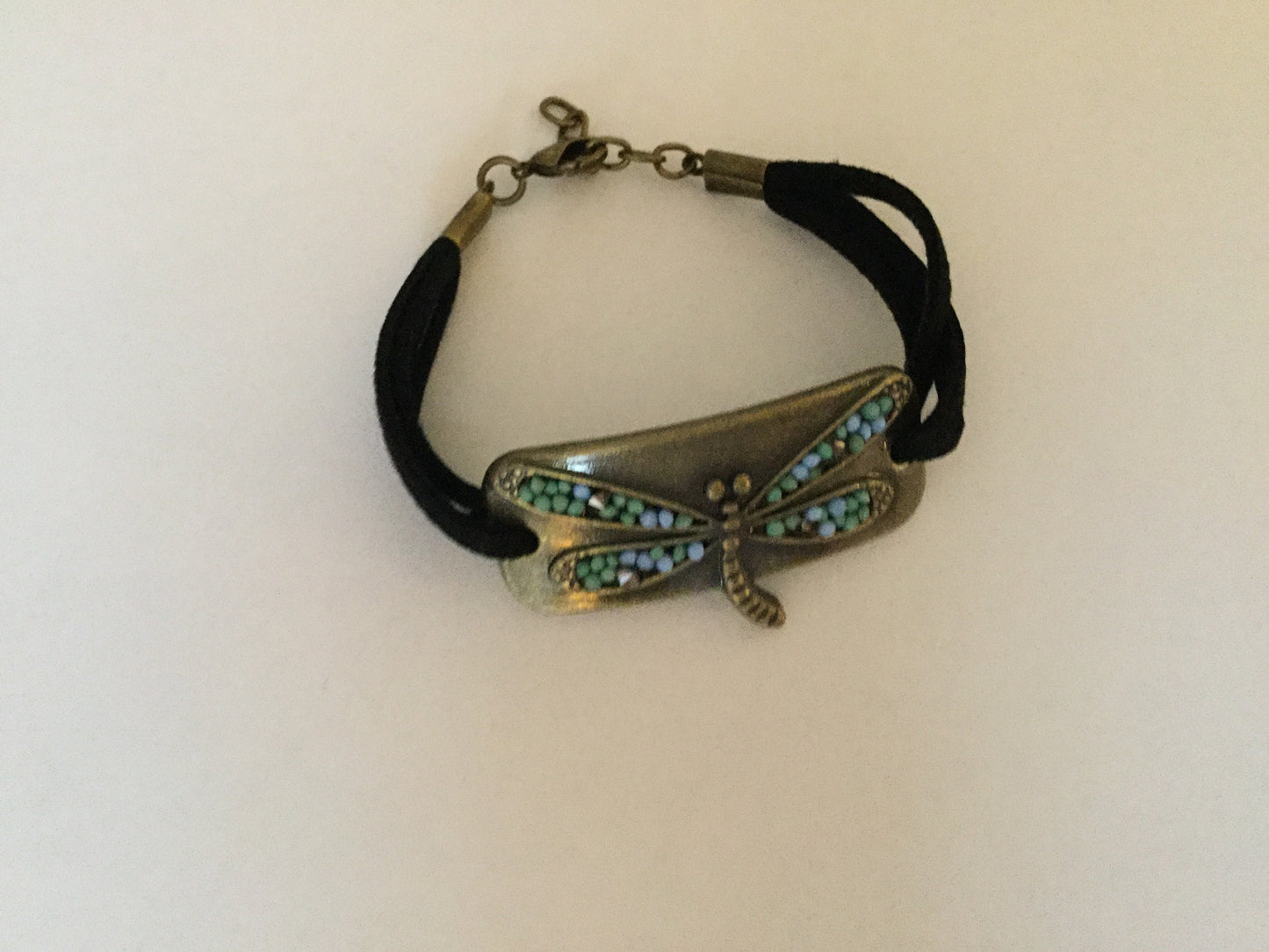 Dragonfly, Black Suede Metal Inspirational Bracelet.