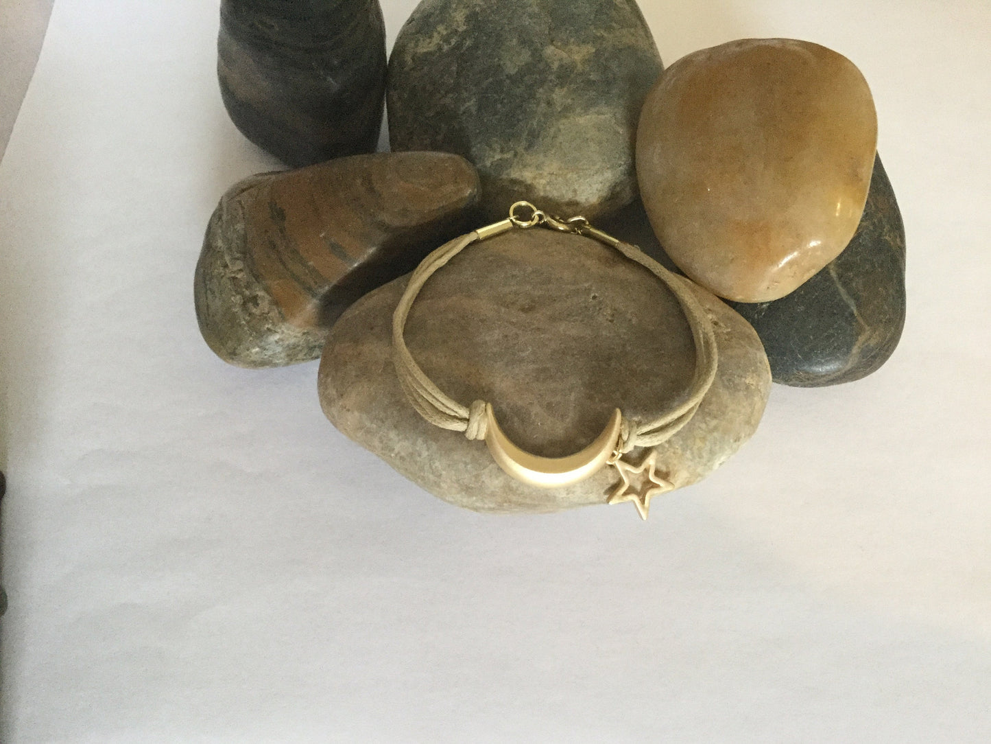 Moon & Star, Beige Hemp, Gold Metal Inspirational Bracelet.