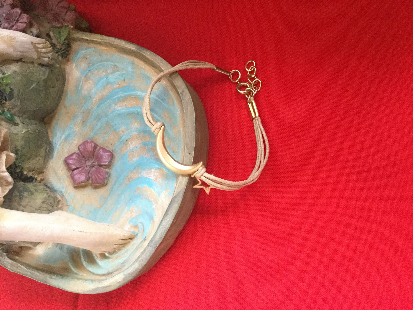 Moon & Star, Beige Hemp, Gold Metal Inspirational Bracelet.