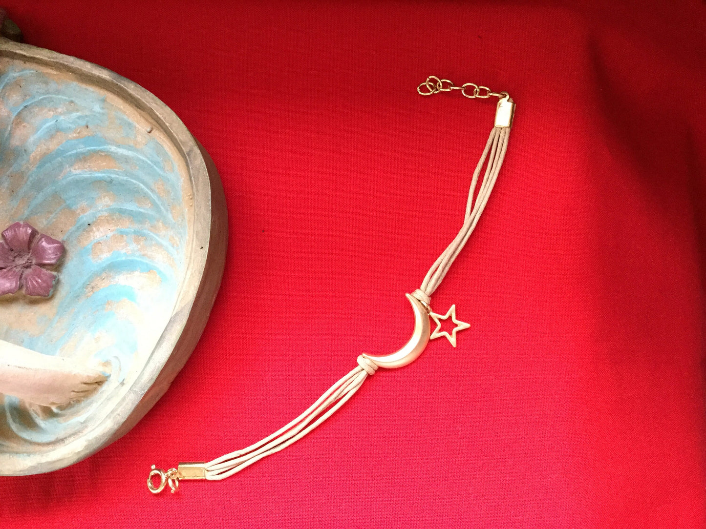 Moon & Star, Beige Hemp, Gold Metal Inspirational Bracelet.
