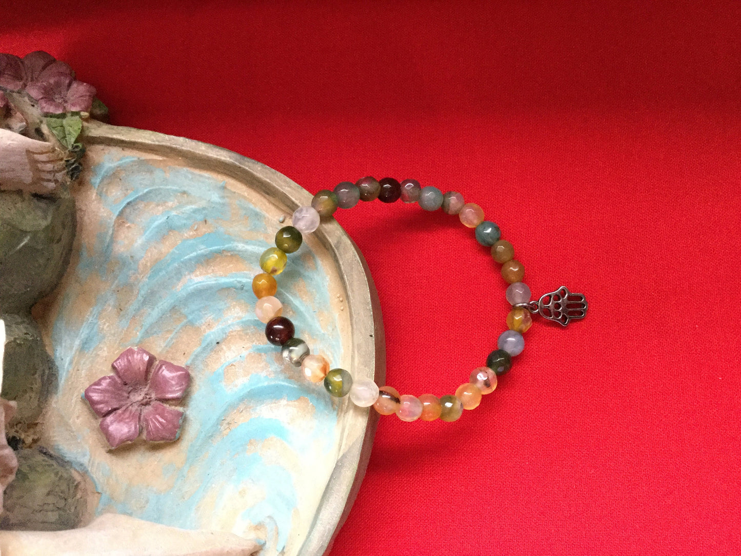 Agate, Color Stones w/Hamsa Hand  Healing Bracelet.