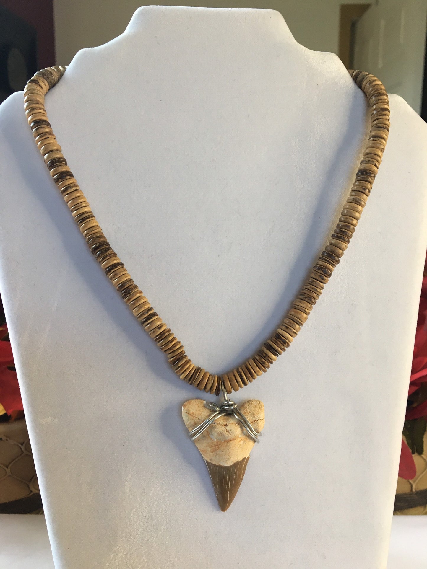 Natural Wood Beaded w/Shark Tooth Pendant, Healing Necklace.