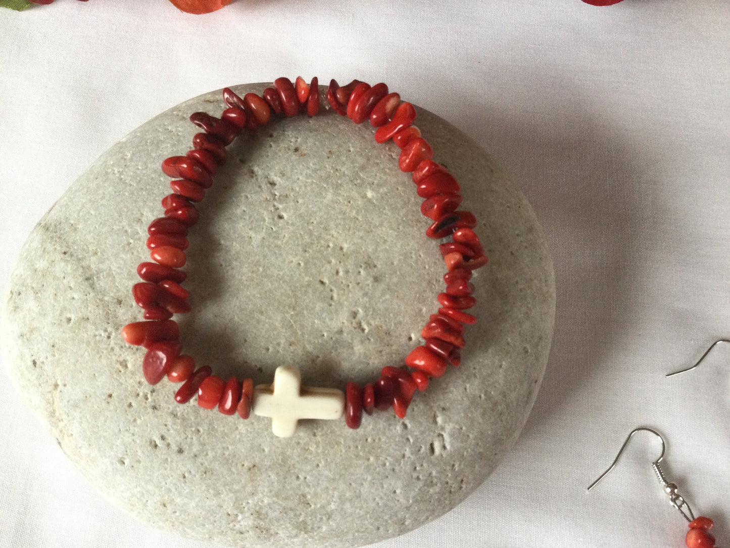 Red Bamboo Coral Chips, w/Reconstituted White Cross Stone, Healing Bracelet w/Earrings.