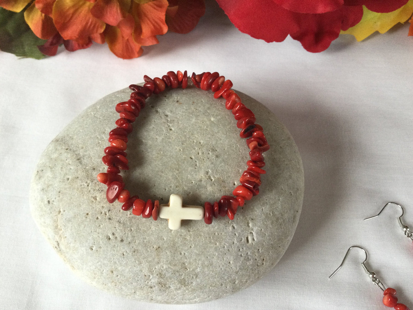 Red Bamboo Coral Chips, w/Reconstituted White Cross Stone, Healing Bracelet w/Earrings.