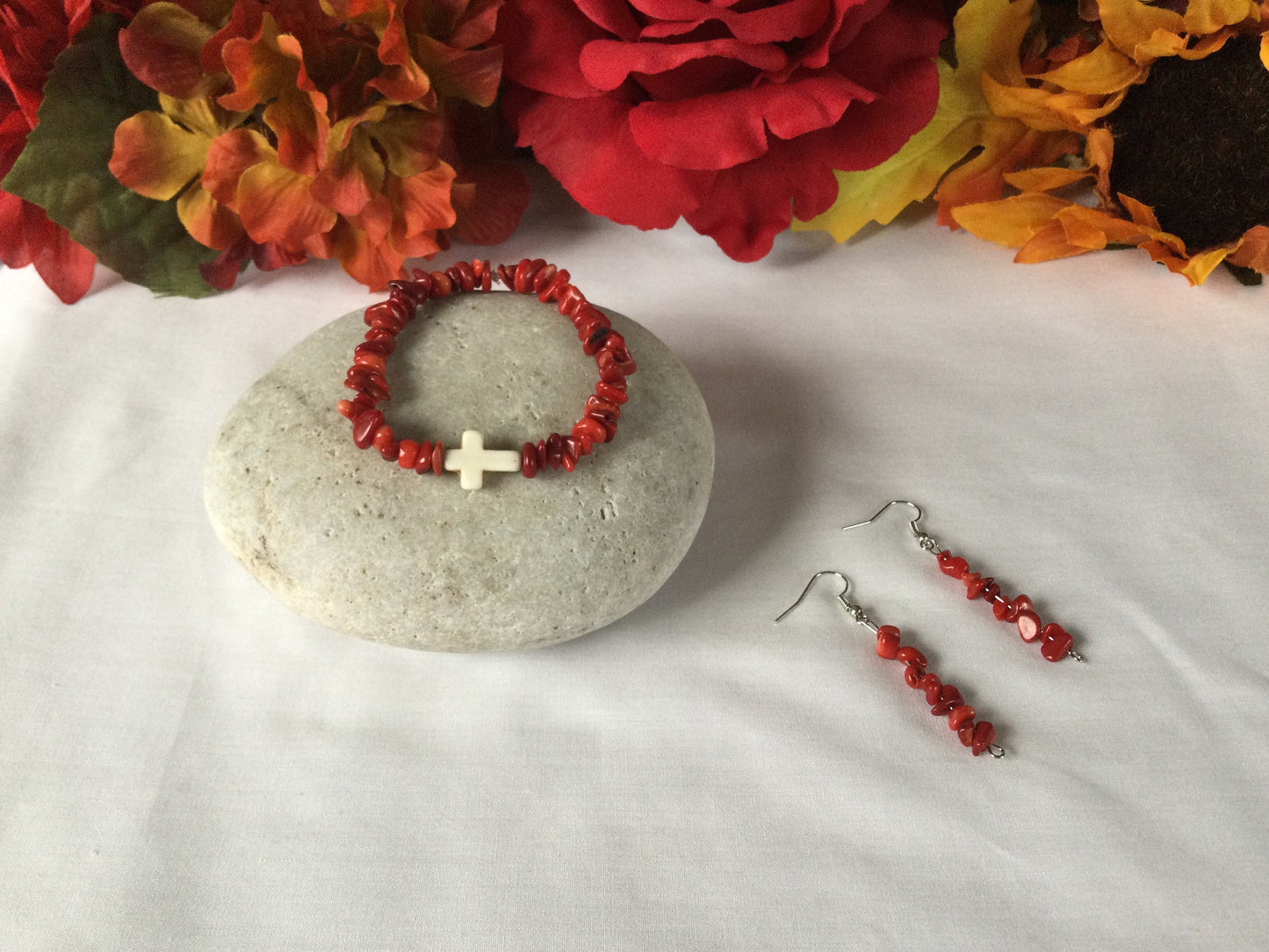 Red Bamboo Coral Chips, w/Reconstituted White Cross Stone, Healing Bracelet w/Earrings.