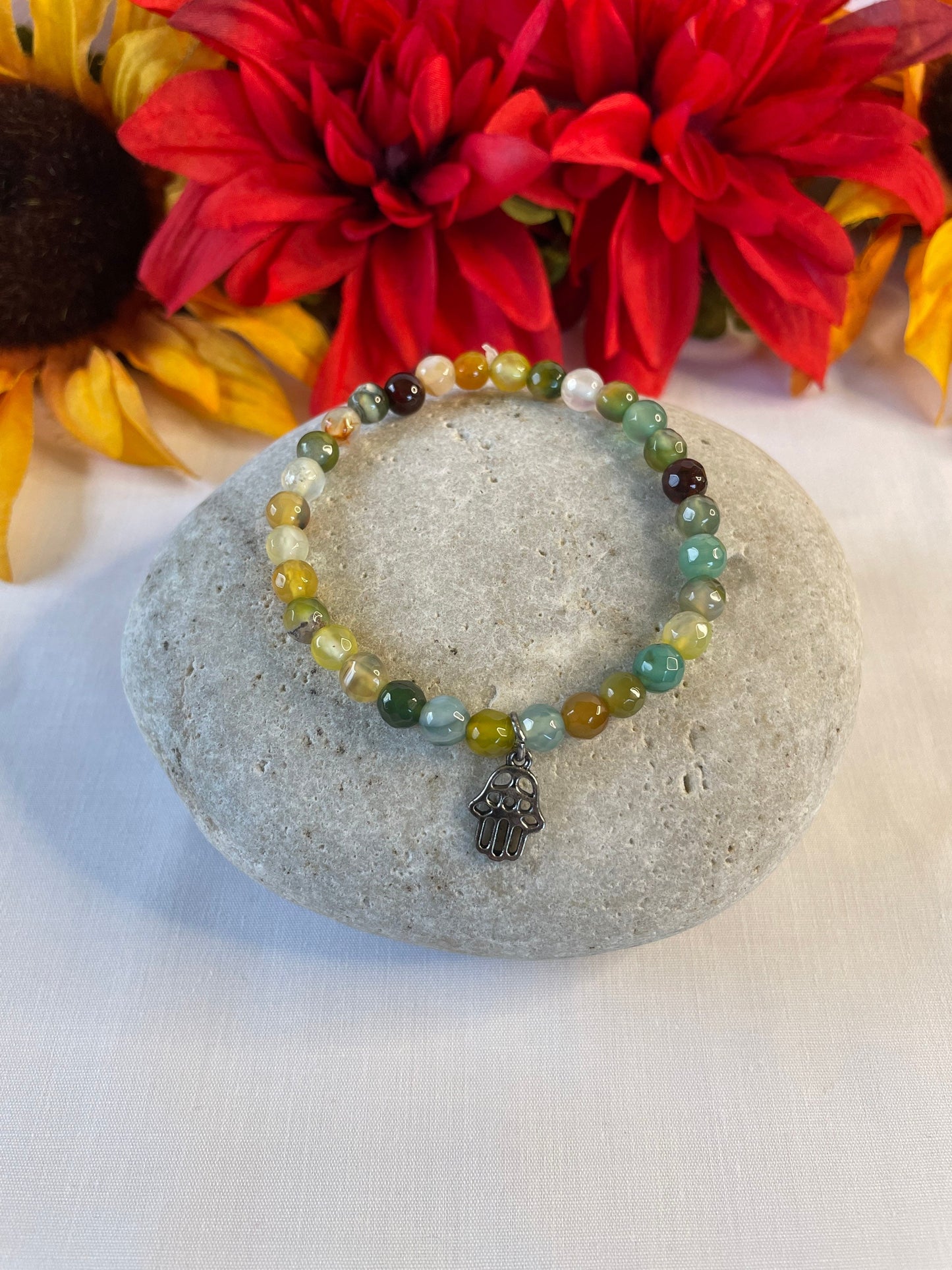 Agate, Color Stones w/Hamsa Hand  Healing Bracelet.