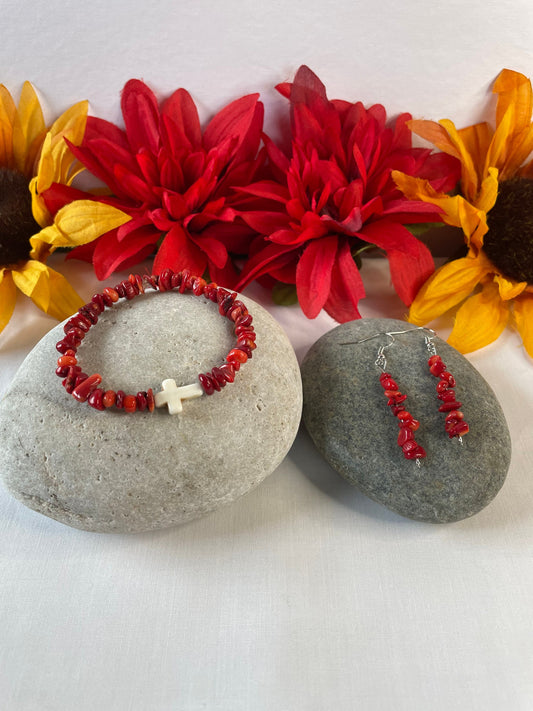 Red Bamboo Coral Chips, w/Reconstituted White Cross Stone, Healing Bracelet w/Earrings.