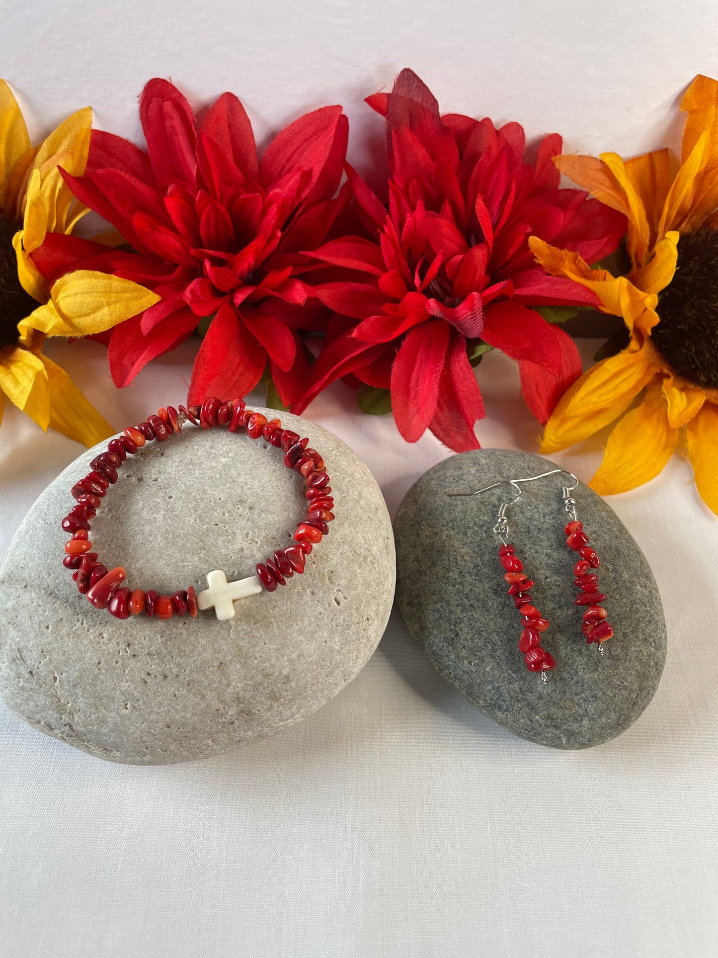 Red Bamboo Coral Chips, w/Reconstituted White Cross Stone, Healing Bracelet w/Earrings.