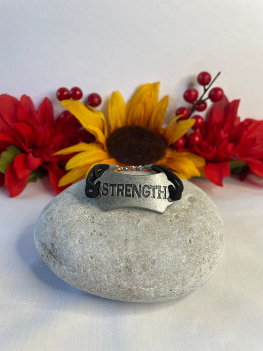 Strength, Black Suede Corded Metal Inspirational Quote Bracelet.